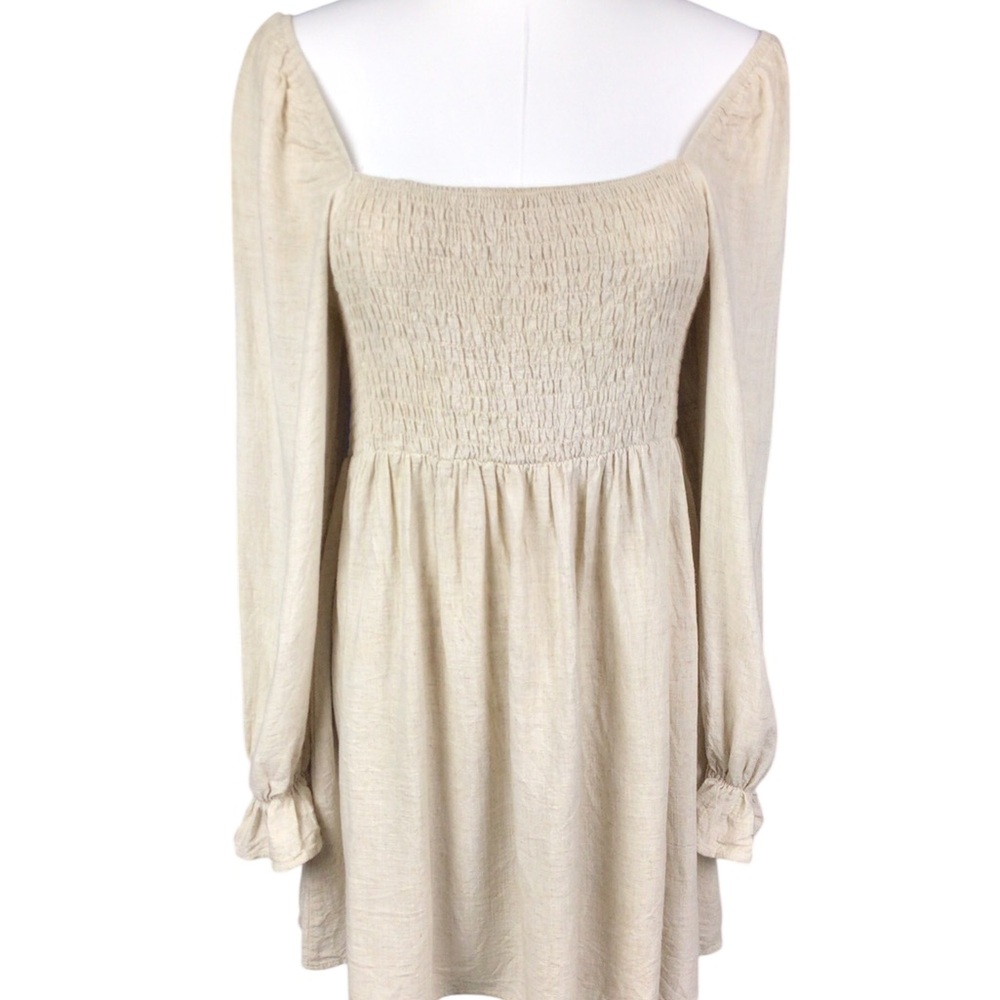 Vici Linen Cotton Long Sleeve Dress Large Smocked Bodice Country Cowgirl